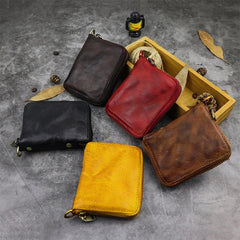 Vintage Leather Brown Men's Bifold Small Wallet Black Zipper billfold Wallet For Men