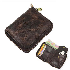 Vintage Leather Brown Men's Bifold Small Wallet Black Zipper billfold Wallet For Men