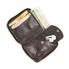 Vintage Leather Brown Men's Bifold Small Wallet Black Zipper billfold Wallet For Men