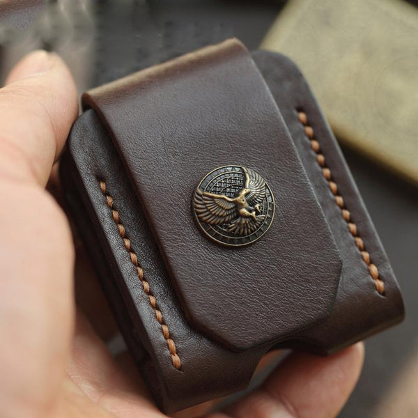 Handmade Leather Mens Standard Zippo Lighter Case - Bill Slots Detail