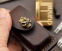 Skull Handmade Leather Mens Dunhill Lighter Case With Belt Loop Cool Dunhill Lighter Holders For Men