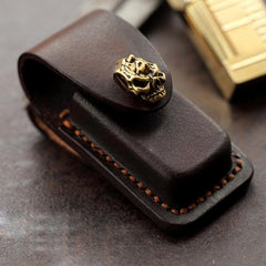 Skull Handmade Leather Mens Dunhill Lighter Case With Belt Loop Cool Dunhill Lighter Holders For Men