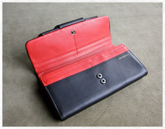 Classic Black Leather Womens Wallet Bifold Clutch Wallet Long Wallet for Women