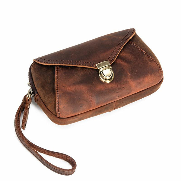 Classy Brown Leather Mens Work Clutch Bag - Back View