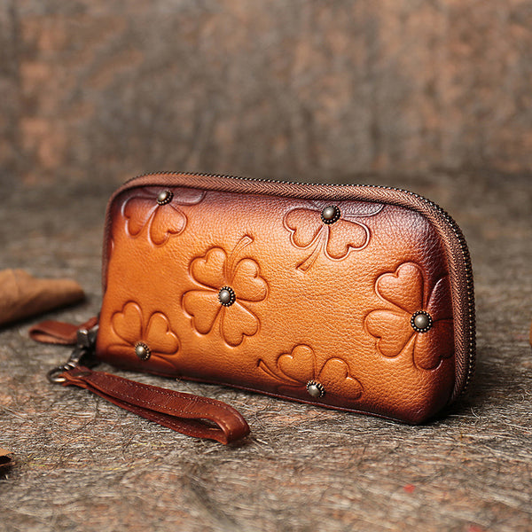 Handmade Brown Womens Clover Leather Long Wallet - Leather Texture Detail