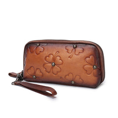 Handmade Womens Clover Leather Long Wallet Zipper Clutch Wristlet Wallet for Women