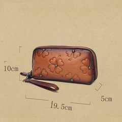 Handmade Brown Womens Clover Leather Long Wallet Zipper Clutch Wristlet Wallet for Women