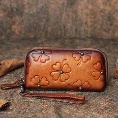 Handmade Brown Womens Clover Leather Long Wallet Zipper Clutch Wristlet Wallet for Women