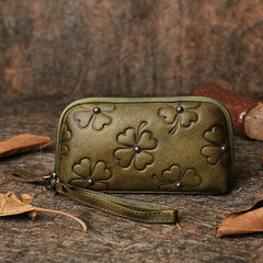 Handmade Dark Green Womens Clover Leather Long Wallet Zipper Clutch Wristlet Wallet for Women
