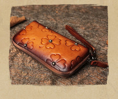 Handmade Womens Clover Leather Long Wallet Zipper Clutch Wristlet Wallet for Women