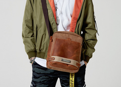 Coffee Canvas Leather Mens Side Bag Vertical Messenger Bags Army Green Canvas Courier Bag for Men