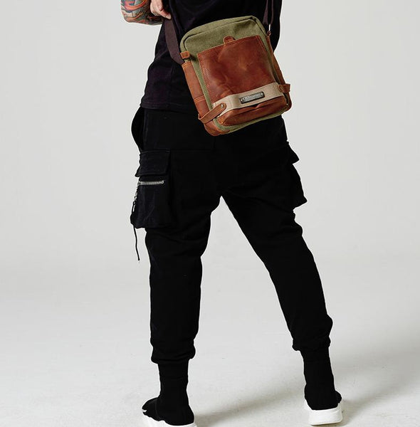 Coffee Canvas Leather Mens Side Bag Vertical - Back View