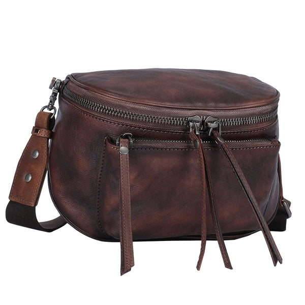 Coffee Leather Womens Saddle Shoulder Bag Fanny - Card Slots Detail