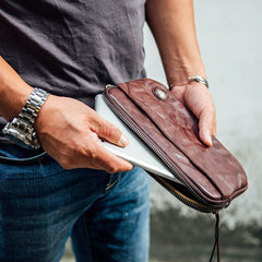 Cool Black Leather Mens Long Wallets Large Zipper Clutch Wallet Coffee Wristlet Clutch Vintage Clutch Purse For Men