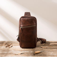 Coffee Leather Mens Sling Bag Sling Shoulder Bag Sling Chest Bag for men