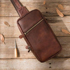 Coffee Leather Mens Sling Bag Sling Shoulder Bag Sling Chest Bag for men