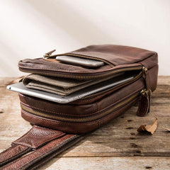 Coffee Leather Mens Sling Bag Sling Shoulder Bag Sling Chest Bag for men