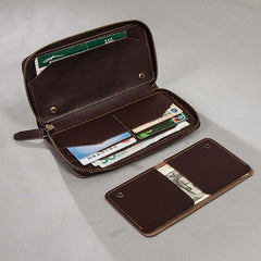 Coffee Leather Mens Zipper Long Wallet Passport Wallet Clutch Wallets for Men