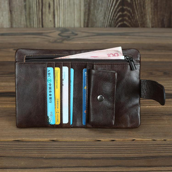 Black Leather Men's Bifold Long Wallet with Coin Pocket Billfold Wallet Card Wal FY00582104