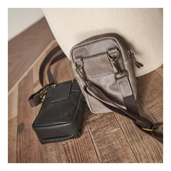 Cool Black Leather Mens Small Messenger Bag Courier Bag Chest Bag Phone Side Bag for men