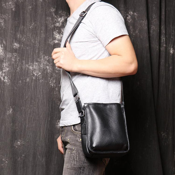 Cool Black LEATHER MENS Vertical SIDE BAGS - Back View
