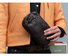 Cool Black Leather Mens Long Wallets Large Double Zipper Clutch Wallet Coffee Vintage Clutch Purse For Men