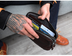 Cool Black Leather Mens Long Wallets Large Double Zipper Clutch Wallet Coffee Vintage Clutch Purse For Men