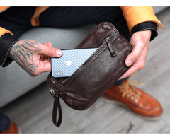 Cool Black Leather Mens Long Wallets Large Double Zipper Clutch Wallet Coffee Vintage Clutch Purse For Men