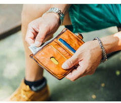 Cool Black Leather Mens Small billfold Wallet Brown Front Pocket Bifold billfold Wallet For Men