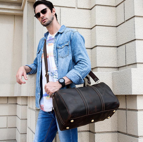 Cool Brown Leather Mens Weekender Bag Dark - Back View
