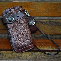 Cool Leather Tooled Biker Wallets Handmade Dragon&Skull Biker Chain Wallet for Men