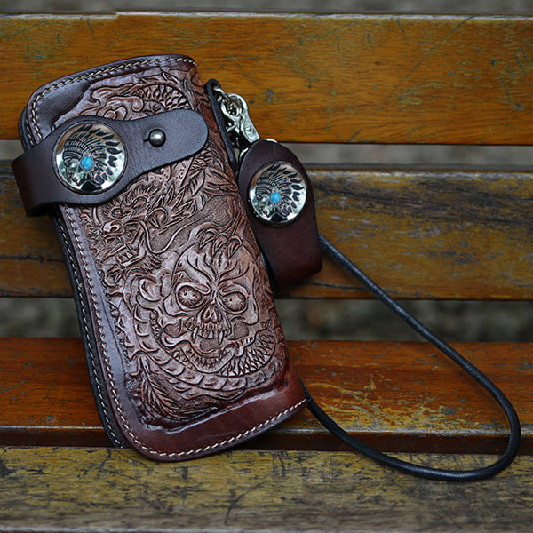 Cool Brown Leather Tooled Biker Wallet Handmade - Back View
