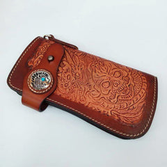 Cool Brown Leather Tooled Biker Wallet Handmade Dragon&Skull Biker Chain Wallet for Men