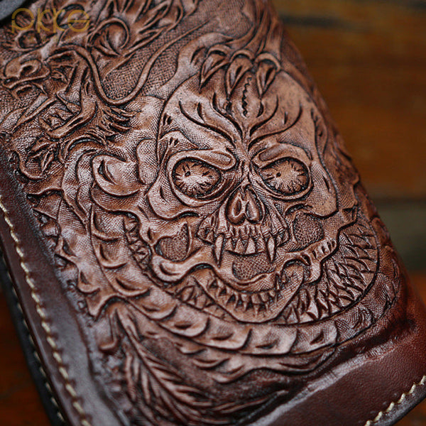 Cool Leather Tooled Biker Wallets Handmade Dragon&Skull - Back View