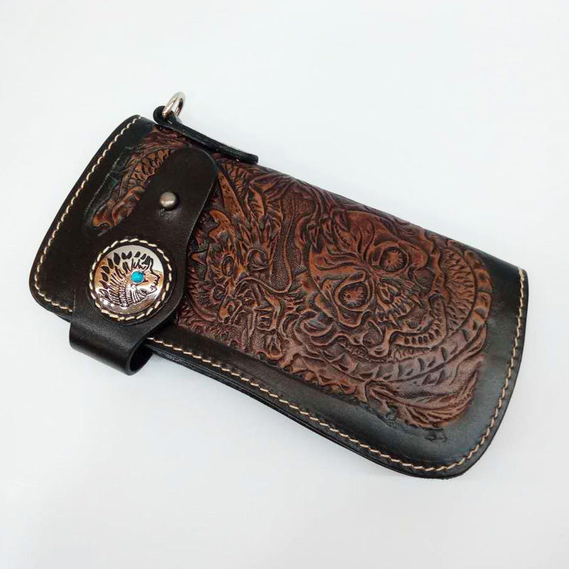 Cool Leather Tooled Biker Wallets Handmade Dragon&Skull Biker Chain Wallet for Men