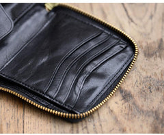 Cool Black Leather Mens billfold Biker Chain Wallet Coffee Bifold Zipper Biker Chain Wallet For Men