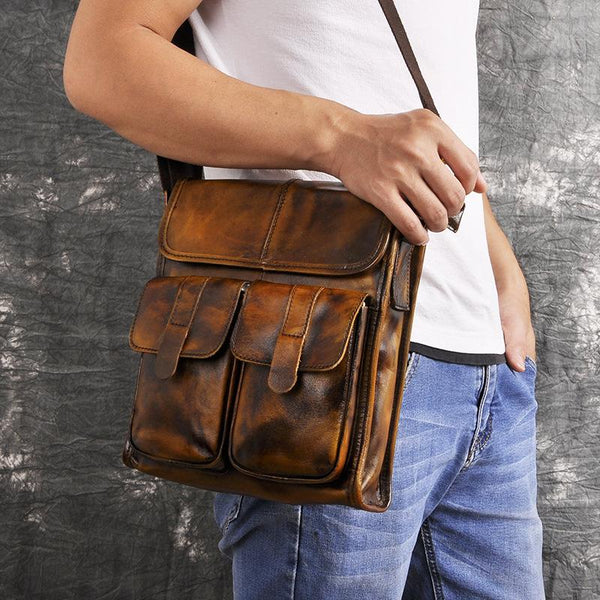 Cool Brown Leather Vertical Messenger Bag Men's - Back View