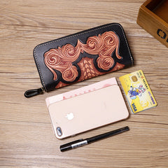 Handmade Leather Floral Tooled Zipper Around Long Wallet Cool Clutch Zipper Wallet for Men