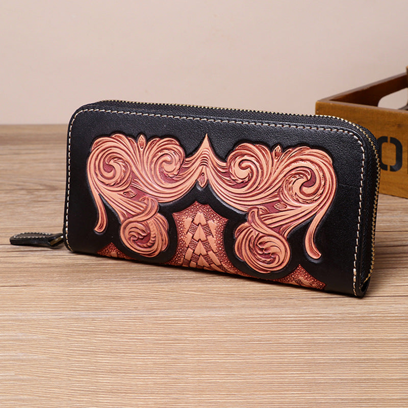 Handmade Leather Floral Tooled Zipper Around Long Wallets Cool Clutch Zipper Wallet for Men