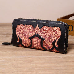 Handmade Leather Floral Tooled Zipper Around Long Wallet Cool Clutch Zipper Wallet for Men