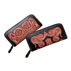 Handmade Leather Floral Tooled Zipper Around Long Wallets Cool Clutch Zipper Wallet for Men