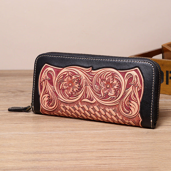 Handmade Leather Floral Tooled Zipper Around Long - Back View
