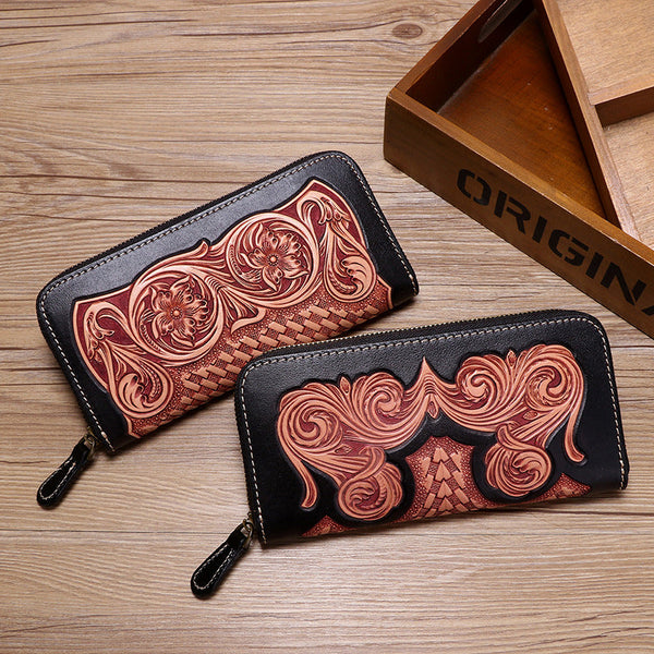 Handmade Leather Floral Tooled Zipper Around Long Wallet Cool Clutch Zipper Wall KBPJ02651018