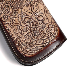 Cool Coffee Leather Tooled Dragon&Skull Biker Wallet Handmade Biker Chain Wallet for Men