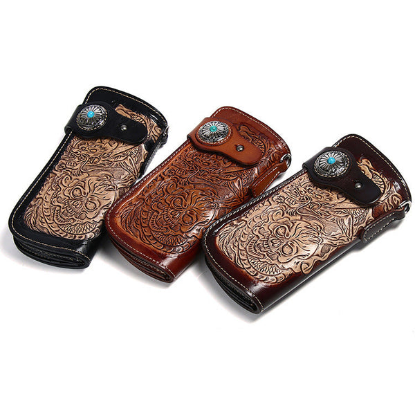 Cool Black Leather Tooled Dragon&Skull Biker Wallet Handmade Biker Chain Wallet KBPJ02151011