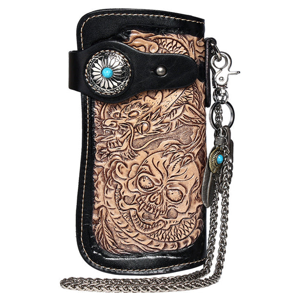 Cool Black Leather Tooled Dragon&Skull Biker Wallet - Back View