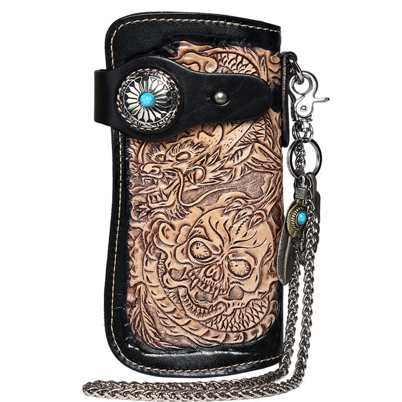 Cool Coffee Leather Tooled Dragon&Skull Biker Wallet Handmade Biker Chain Wallet for Men