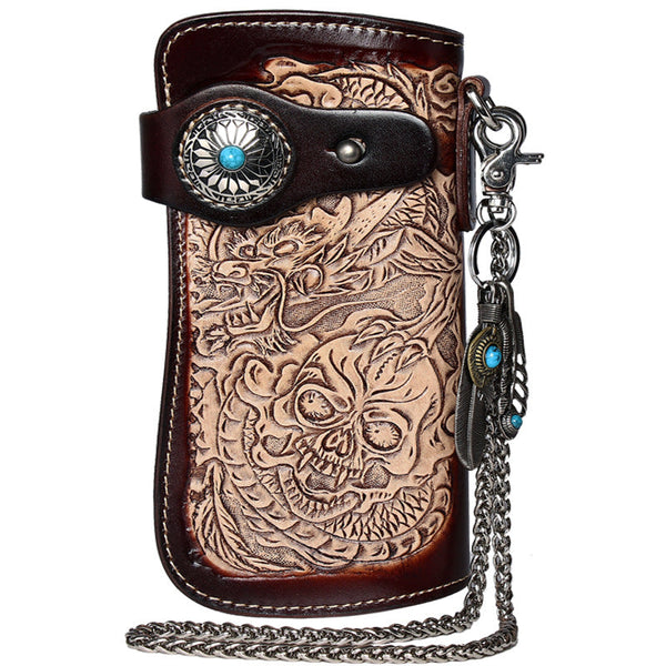 Cool Coffee Leather Tooled Dragon&Skull Biker Wallet - Back View