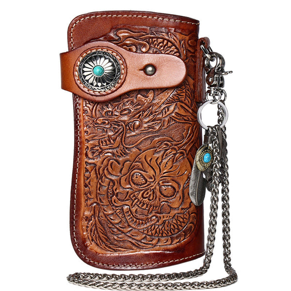 Cool Brown Leather Tooled Dragon&Skull Biker Wallet - Back View