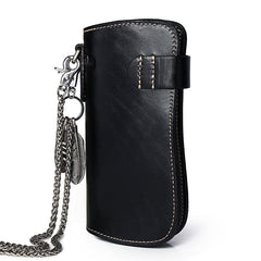 Cool Black Leather Tooled Dragon&Skull Biker Wallet Handmade Biker Chain Wallet for Men